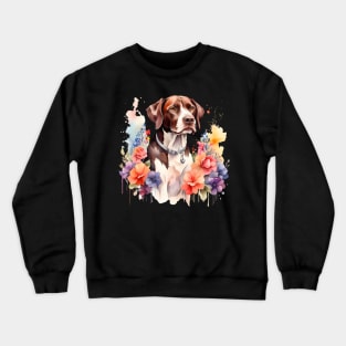 A pointer dog decorated with beautiful watercolor flowers Crewneck Sweatshirt